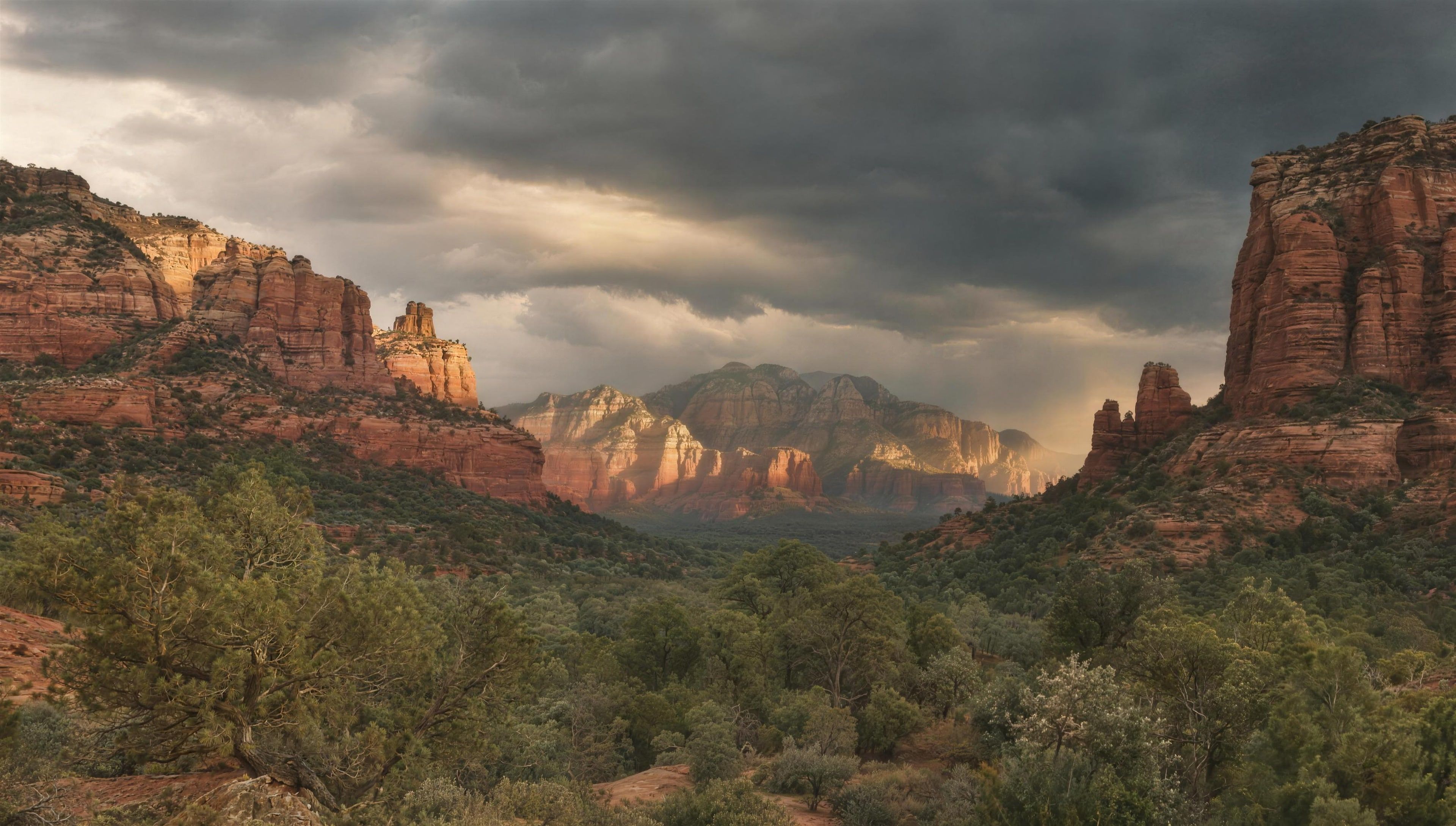 Boynton Canyon under dramatic storm light, red walls and green junipers