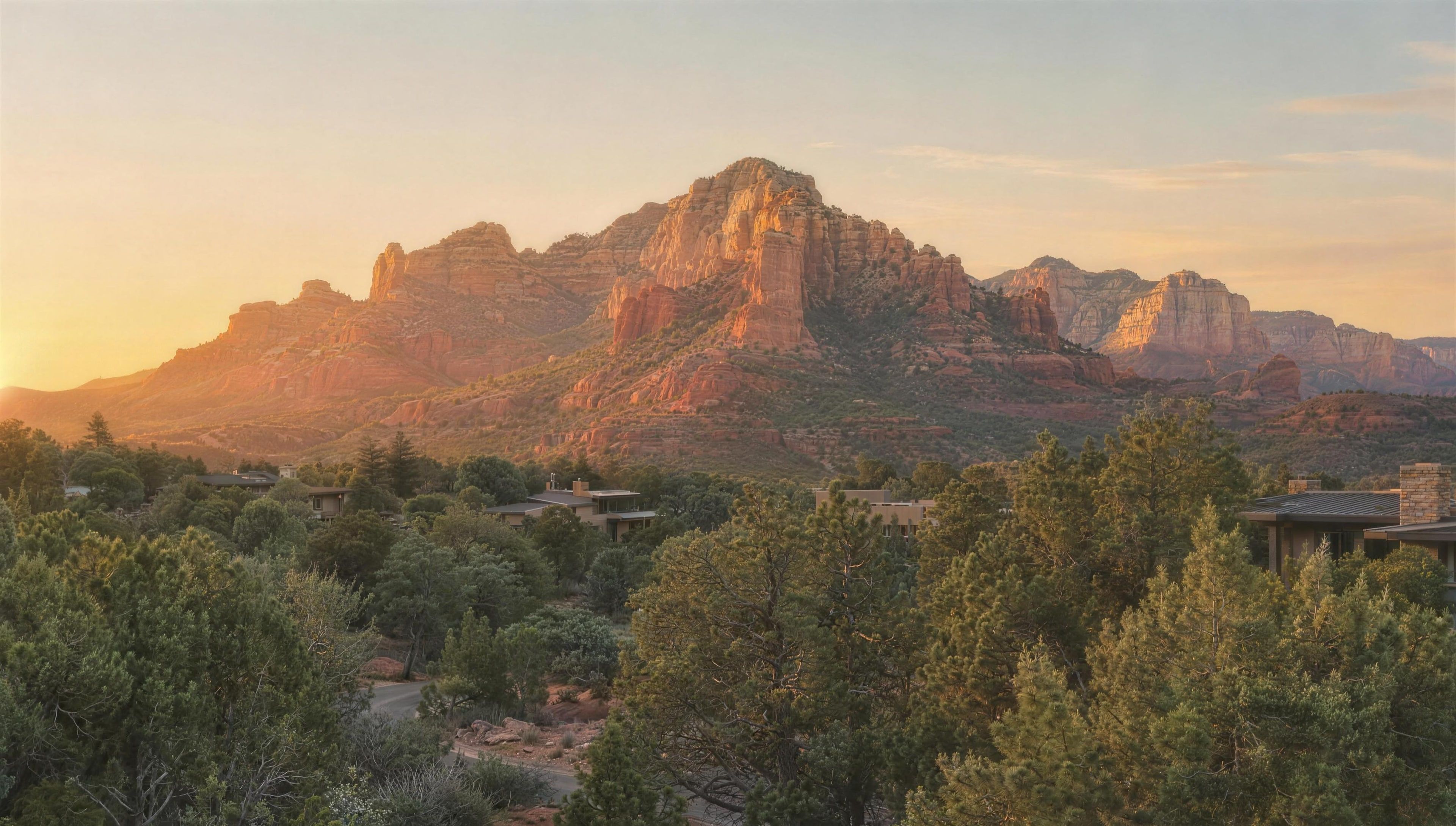 Thunder Mountain in Sedona glowing at sunrise above a quiet neighborhood of junipers