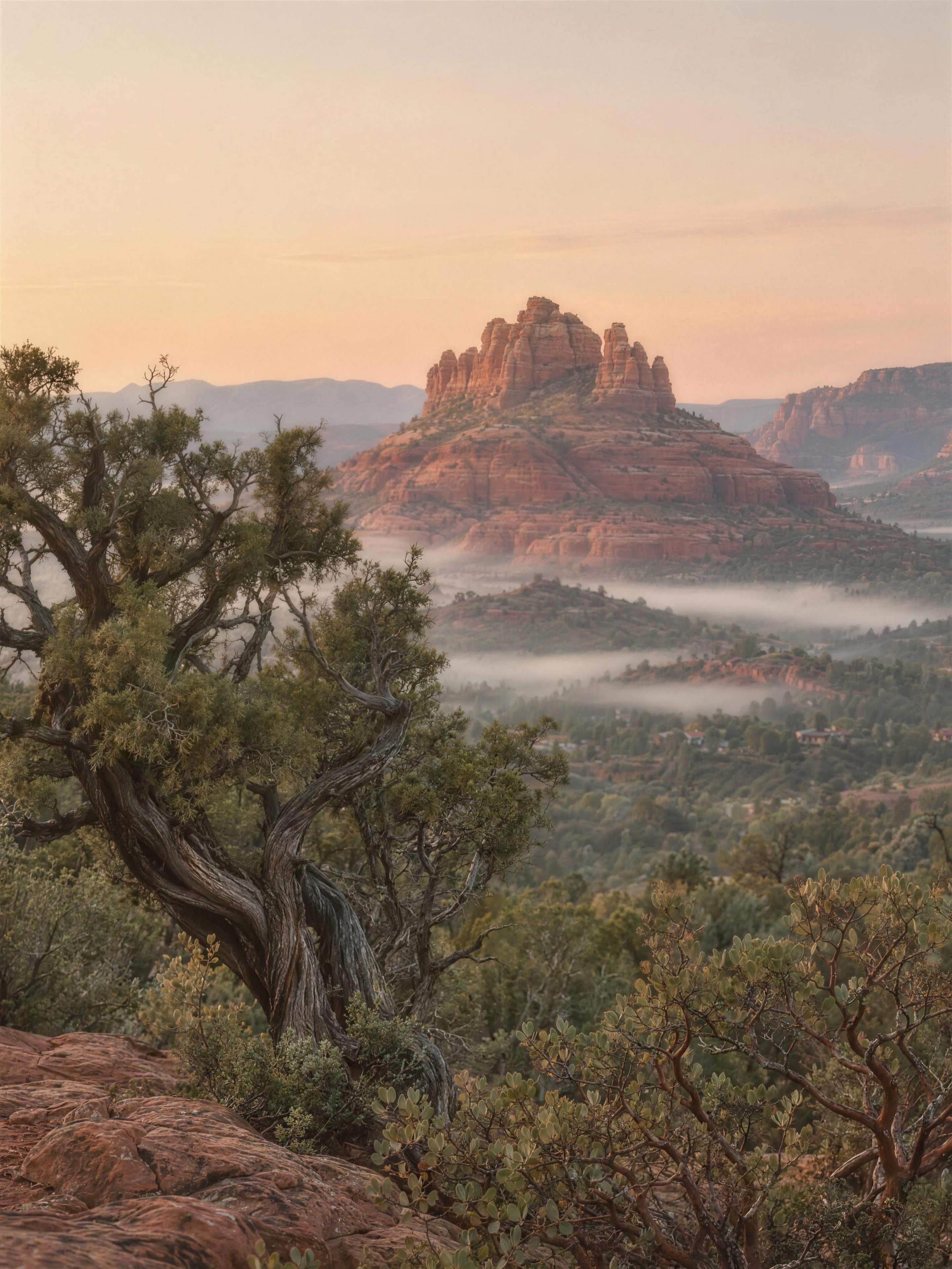 Bell Rock at dawn with mist in the valley and a juniper in the foreground, Sedona