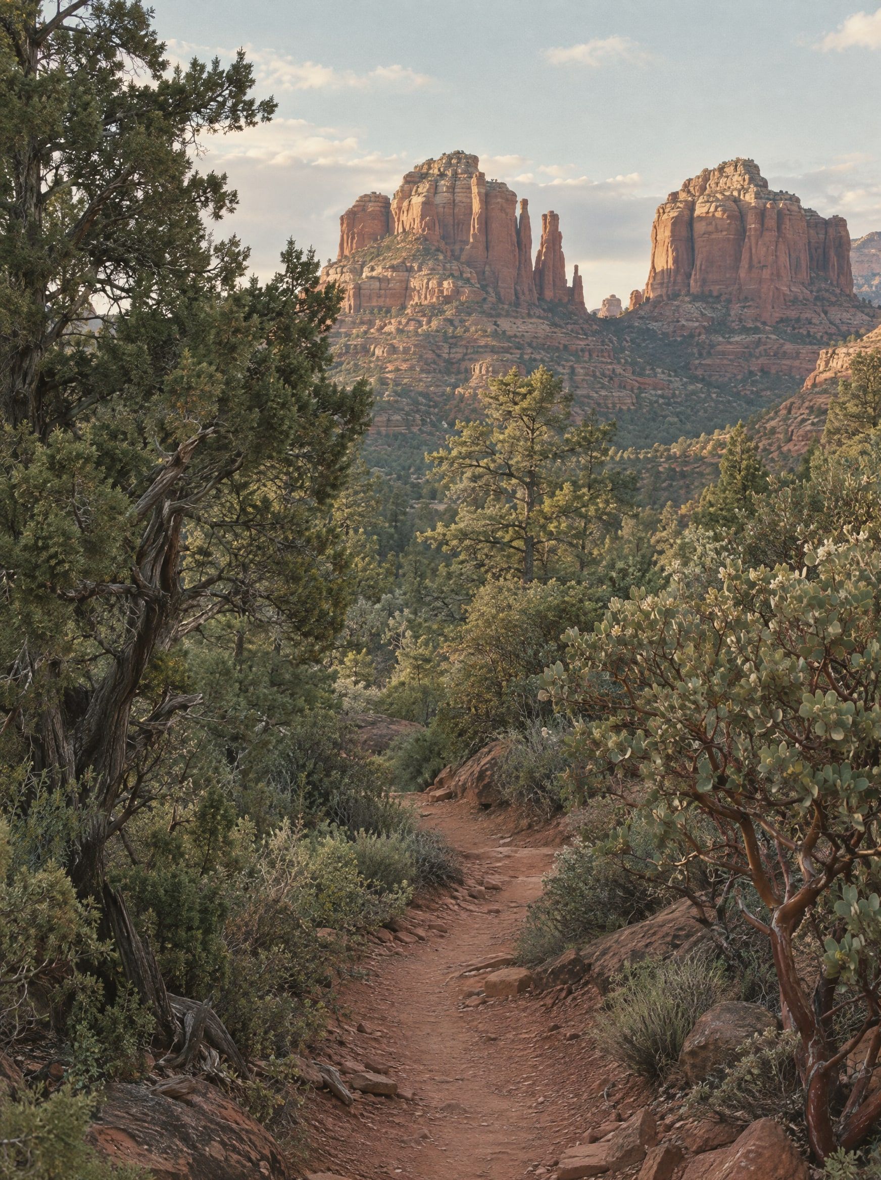 A red dirt trail winding toward the buttes
