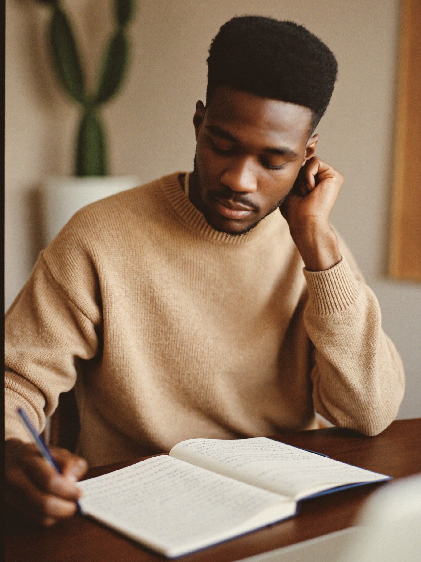 A young Black man in a sand sweater taking handwritten notes in a notebook at a wooden desk during an online class, a laptop softly blurred, a desert