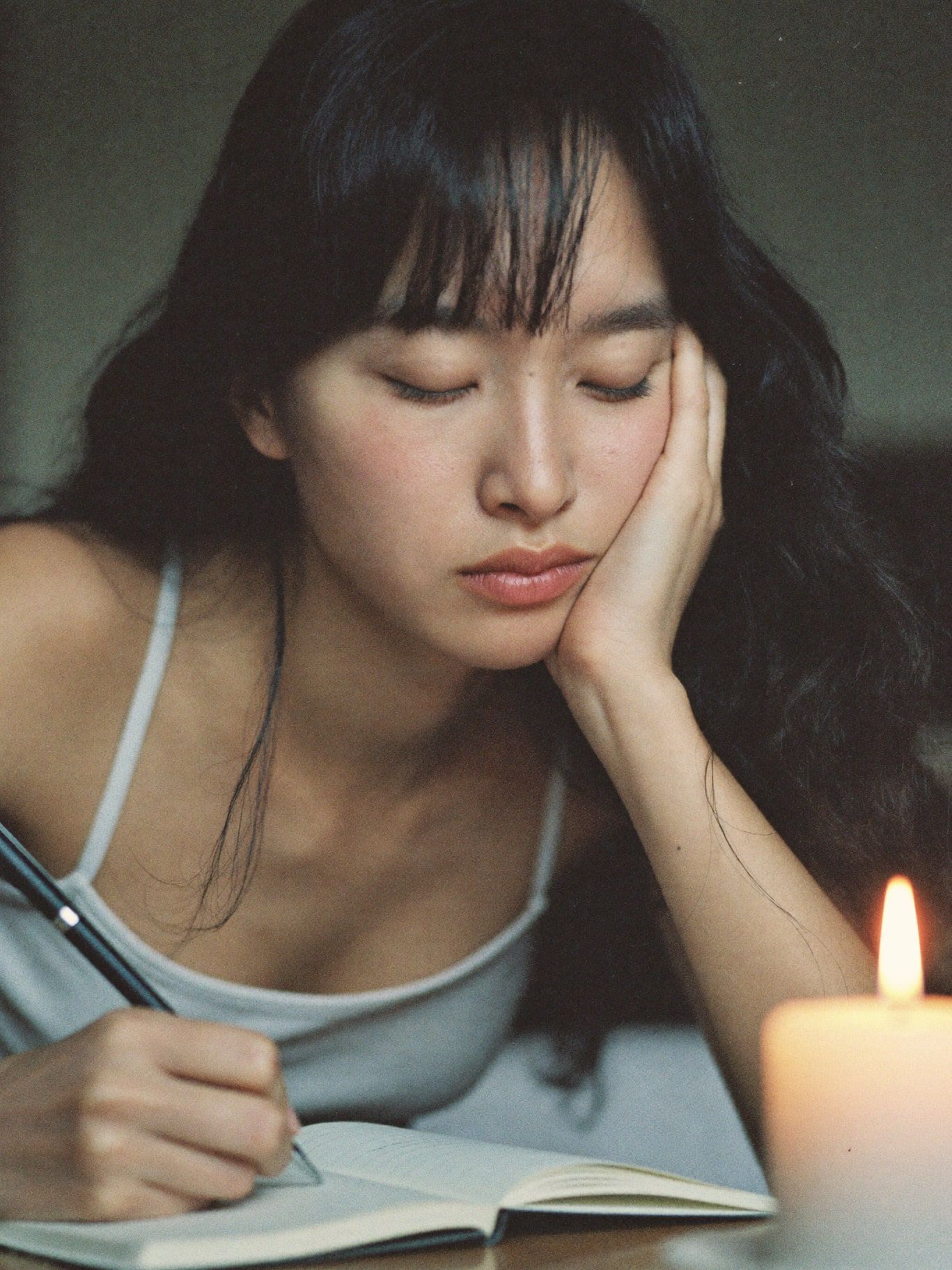 A young East Asian woman with closed eyes and a pen resting on an open notebook, writing by candlelight in a quiet room