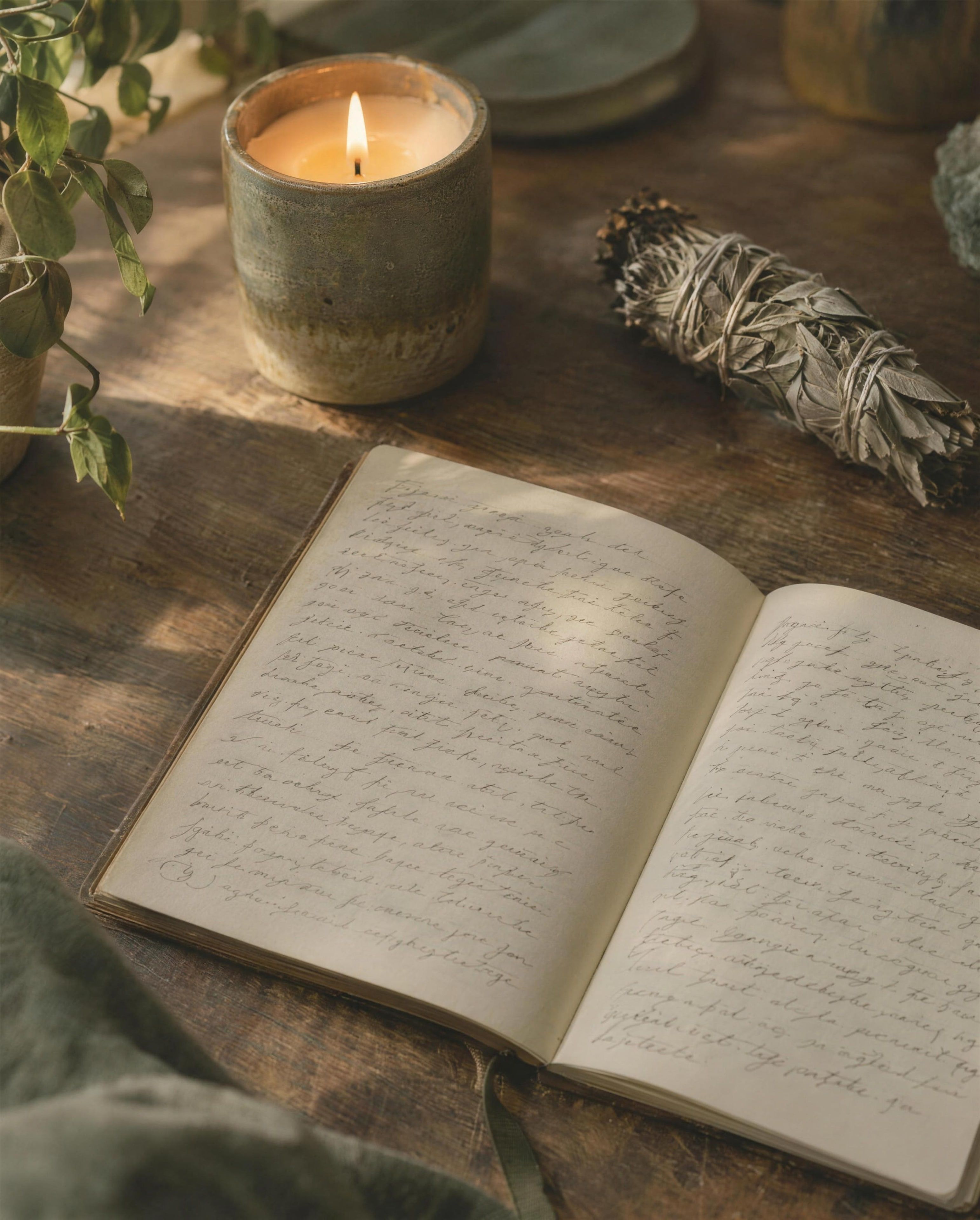 An open notebook filled with flowing handwriting, beside a candle and a bundle of desert sage
