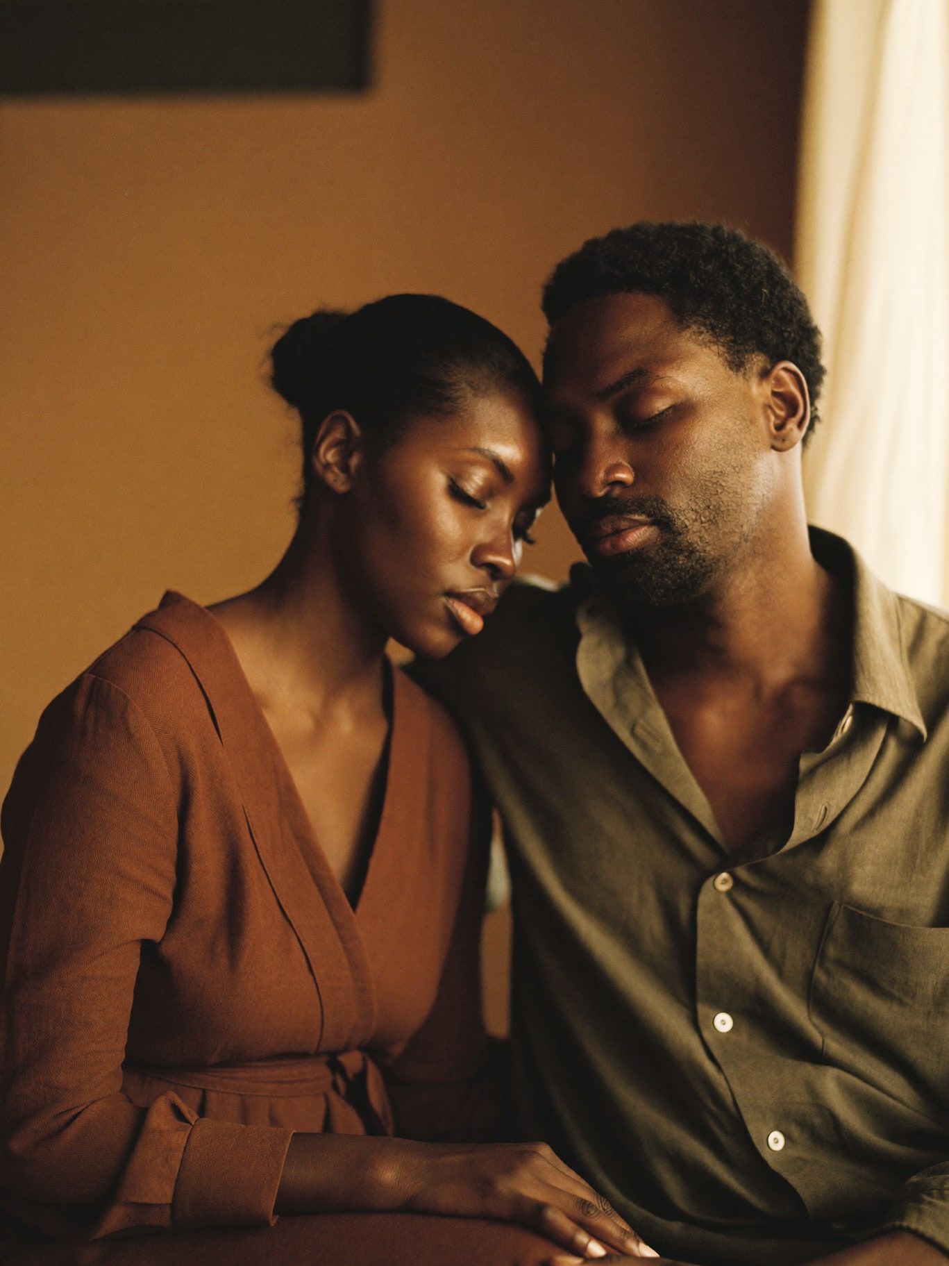 A Black couple in their 30s, she in a long-sleeved rust linen dress and he in a buttoned olive linen shirt, sitting close with their foreheads