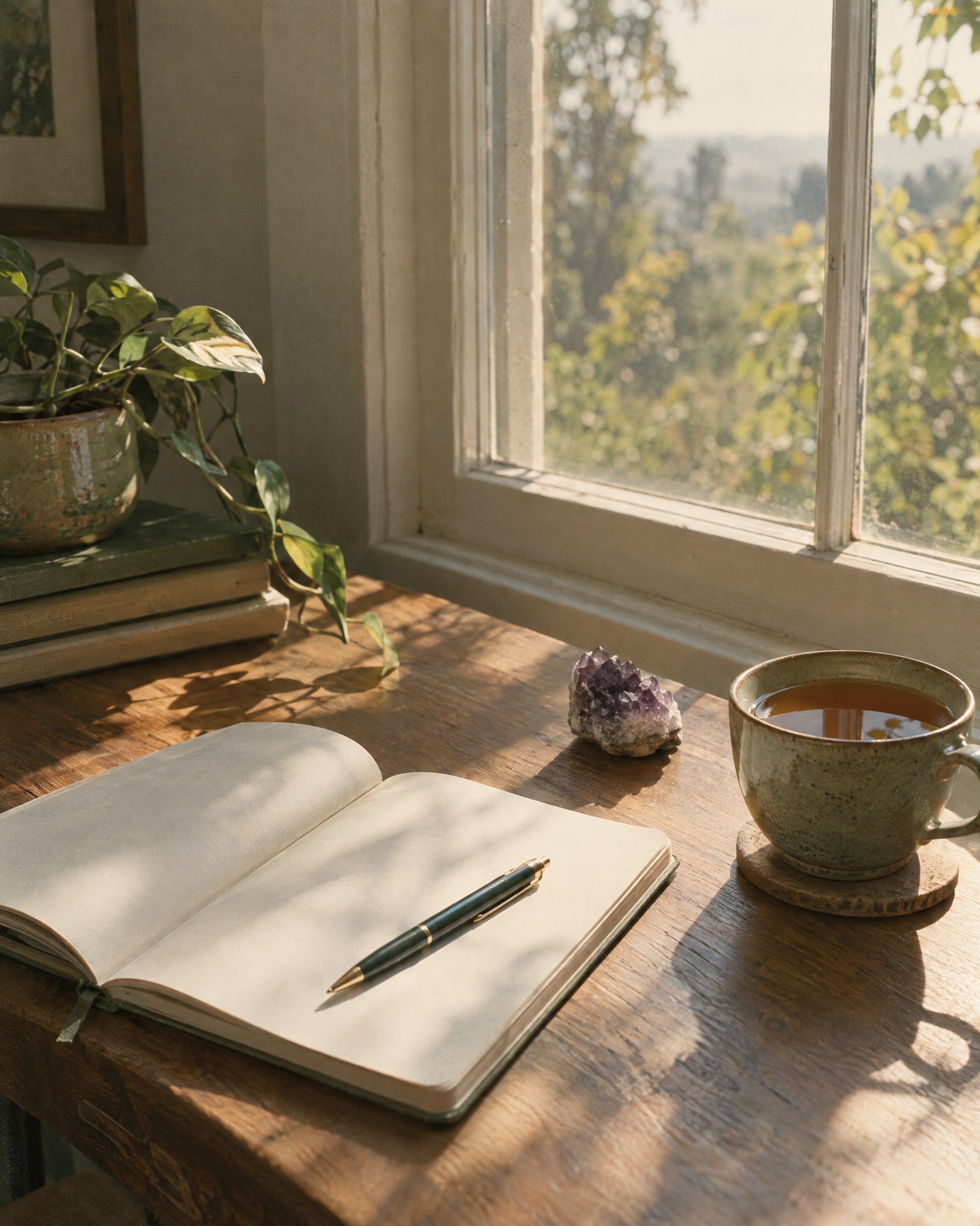 A desk by a window with an open notebook, a pen, a small amethyst and a cup of tea, morning light
