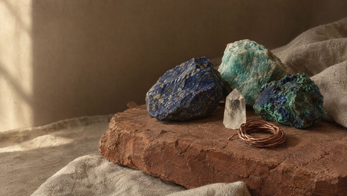 Raw lapis lazuli, amazonite, azurite malachite and quartz on a sandstone slab