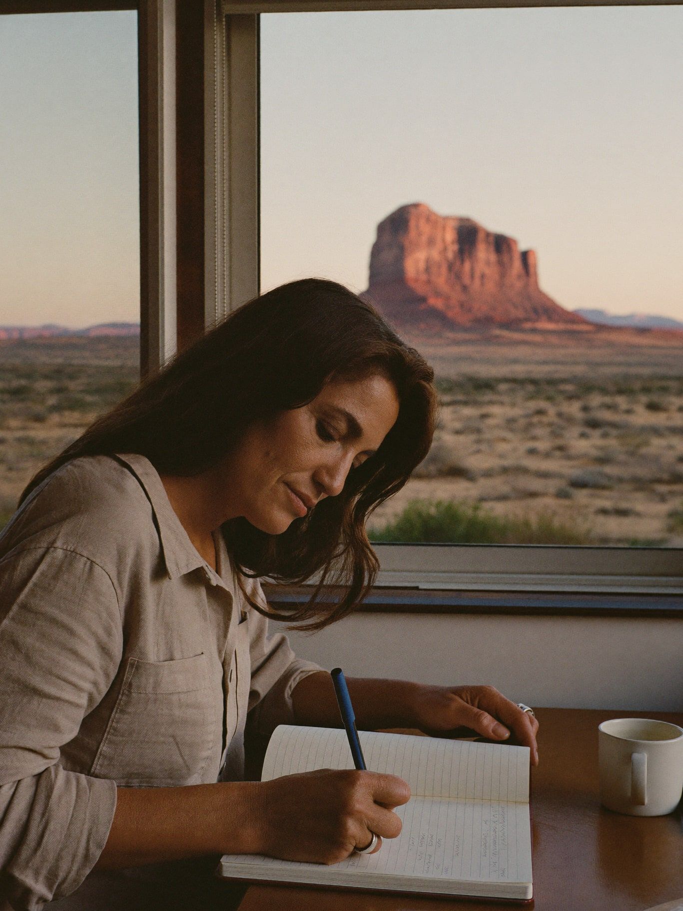 A woman writing in a journal by a window at dawn, a red butte outside