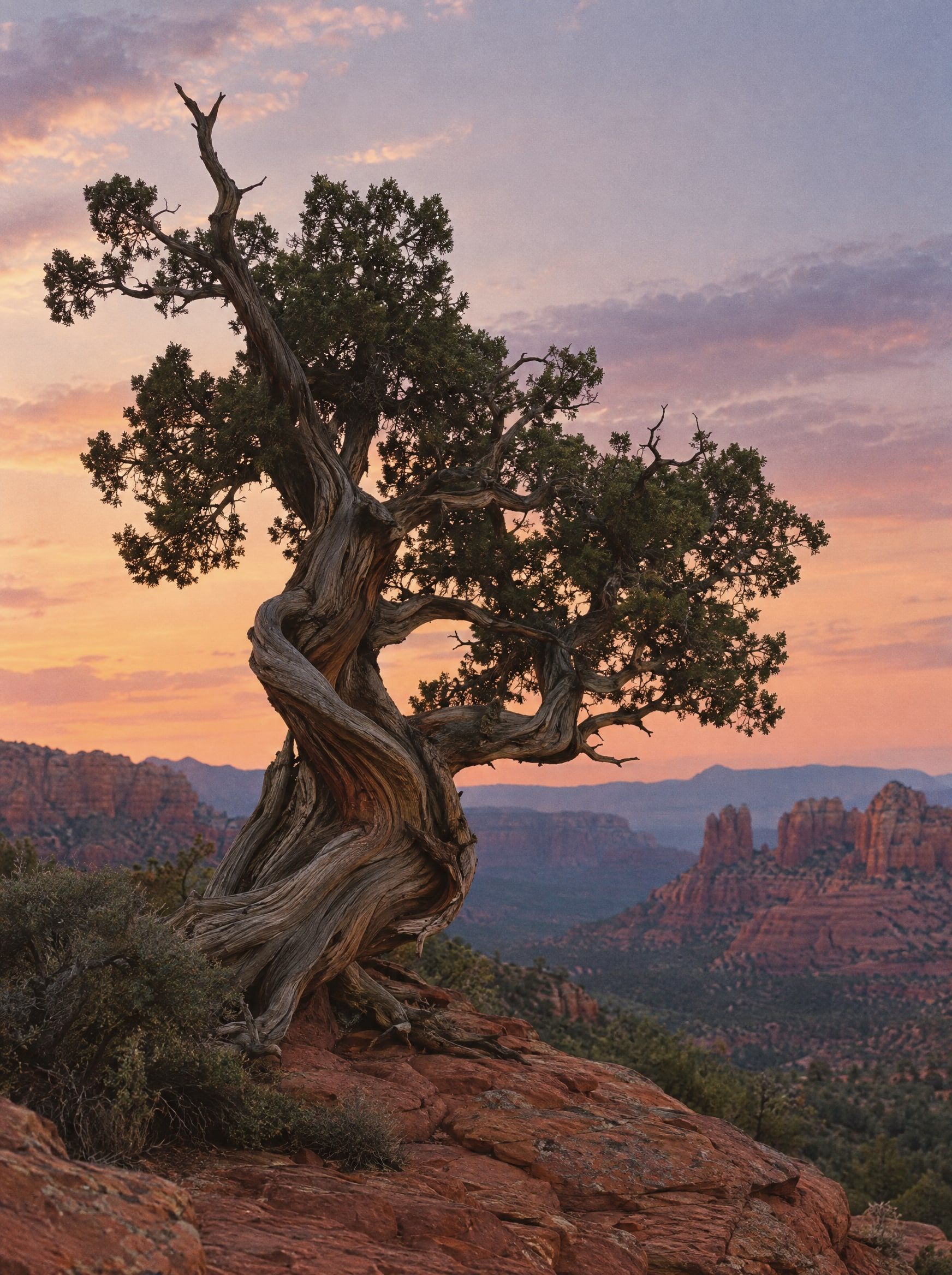 A twisted juniper on a red rock ridge at dusk above the Sedona valley
