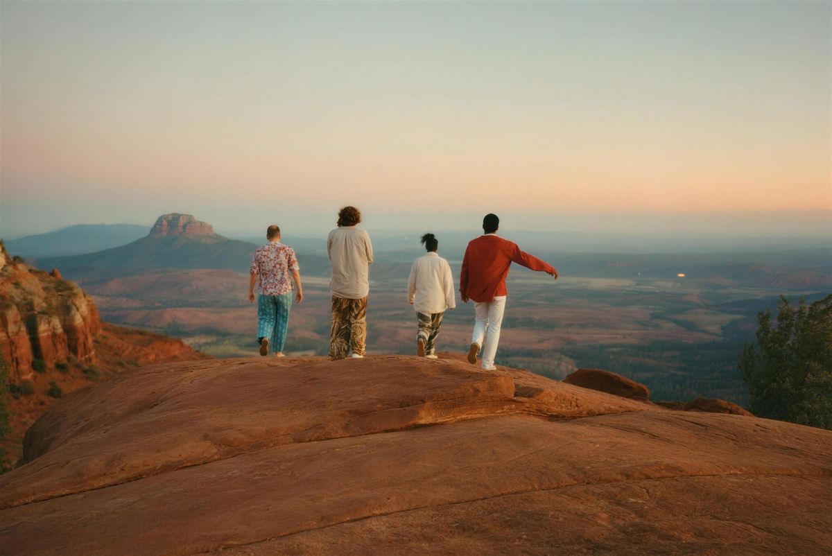 A small group walking a red rock ridge at sunset