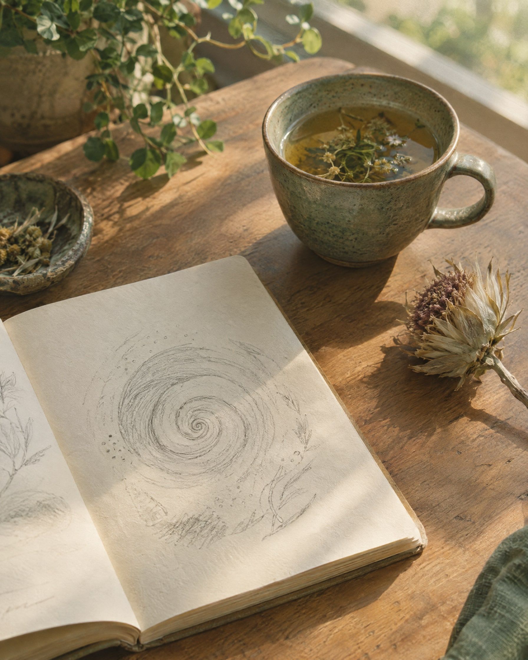 An open journal with a hand-drawn spiral sketch and soft pencil marks, a cup of herbal tea and a dried desert flower on a wooden desk, morning light