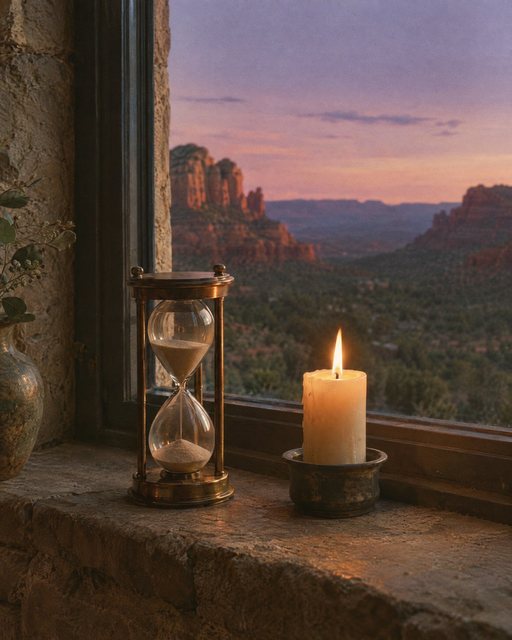 An old brass hourglass and a lit candle on a stone windowsill at dusk, red rocks fading into a violet sky outside, contemplative mood