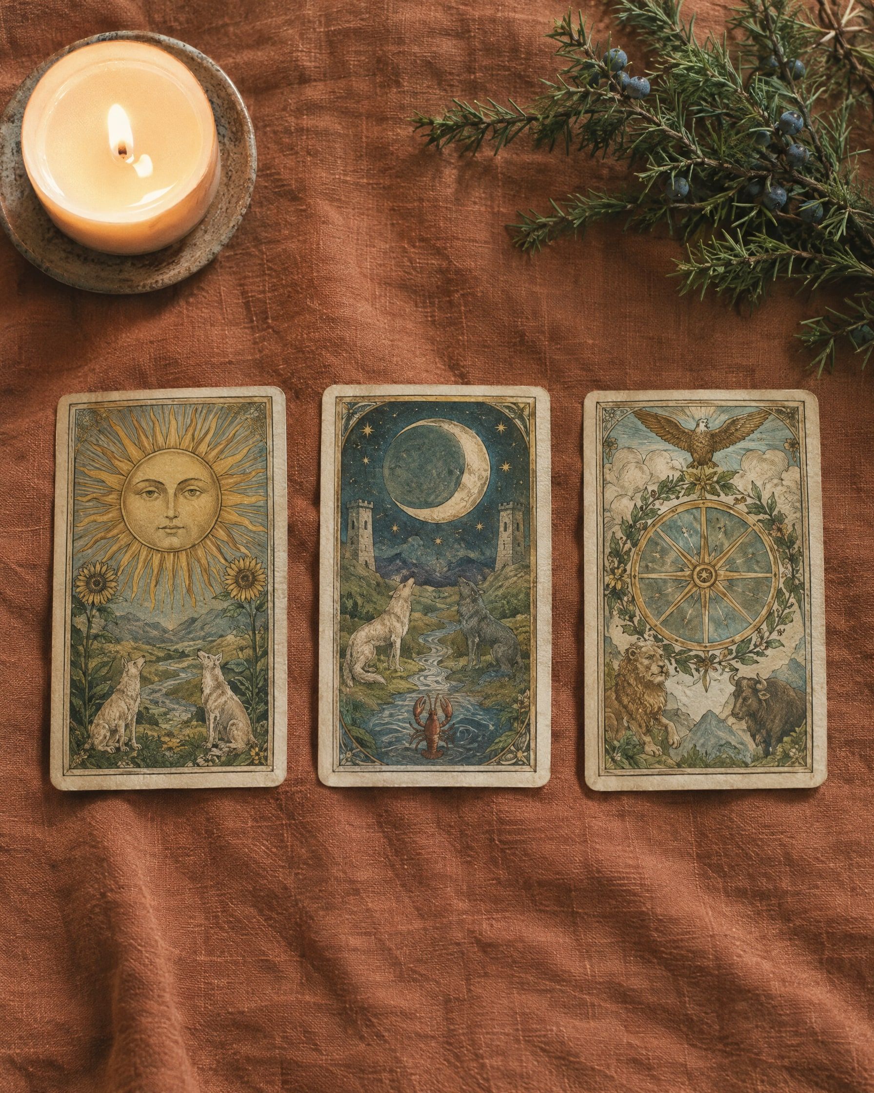 Three tarot cards with ornate symbolic illustrations laid face up in a simple row on terracotta linen beside a lit candle and a sprig of juniper